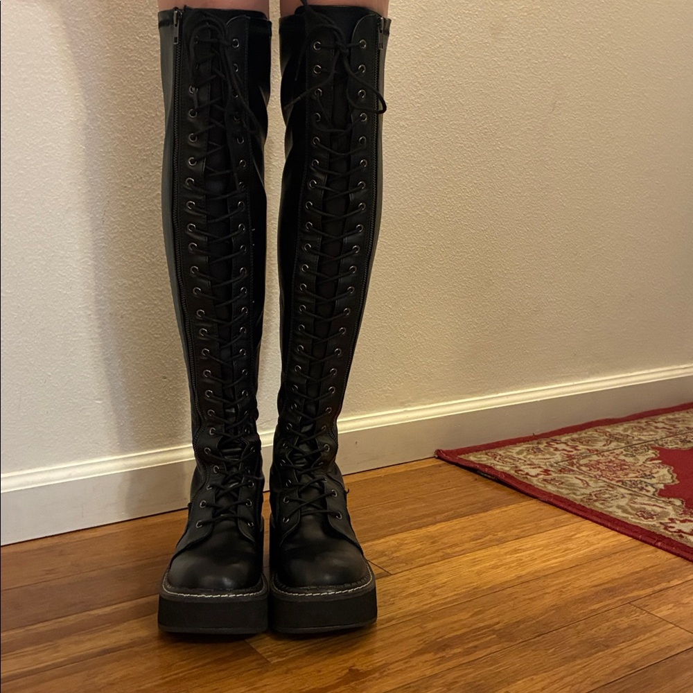 Demonia Black Over-the-Knee ‘Emily 375’Lace-Up Platform Boots Size 8